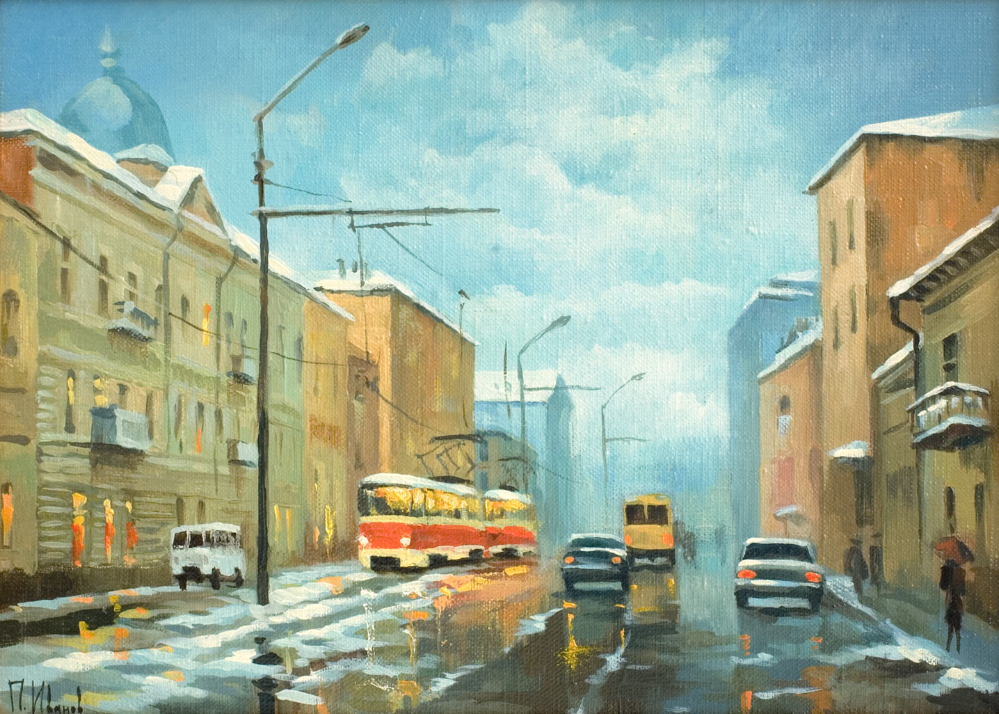 Городской пейзаж. Трамвай — картина маслом на холсте