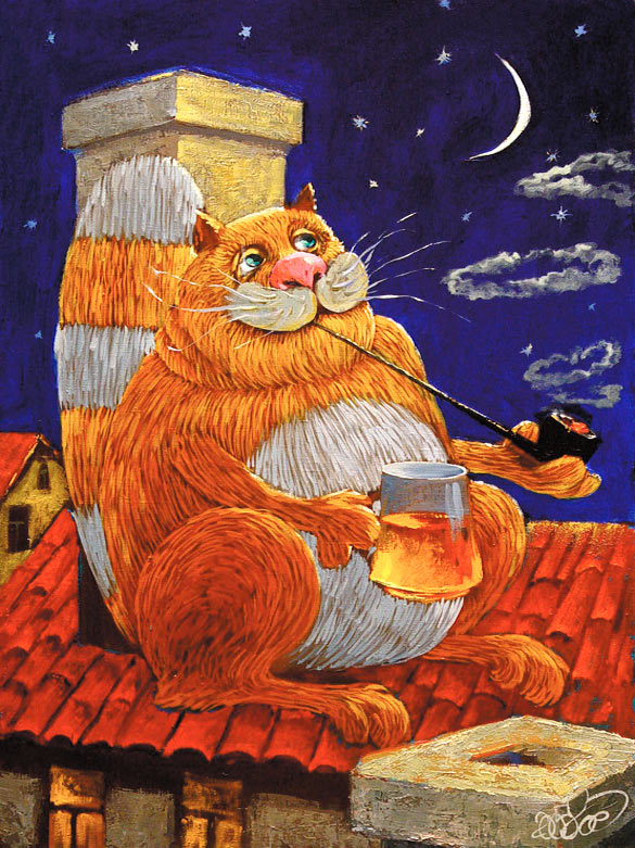 Кот на крыше — сказочная картина маслом на холсте