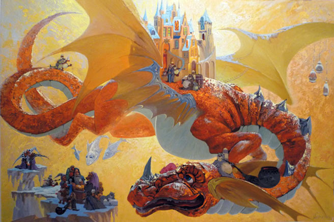 Золотой дракон — фэнтези-картина маслом на холсте