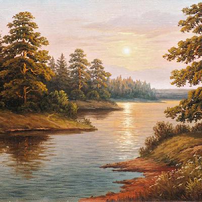 Пейзаж. Закат на реке — картина маслом на холсте