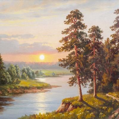 Солнце. Закат на реке — картина маслом на холсте