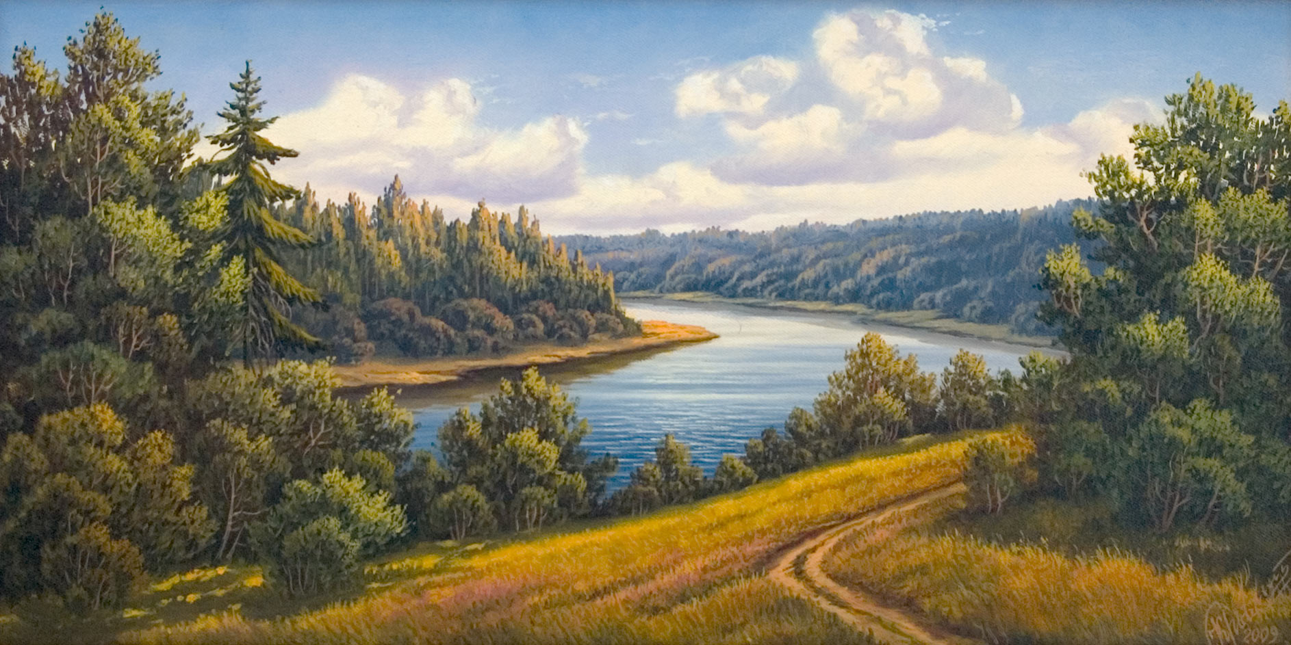 Летний пейзаж с рекой — картина маслом на холсте