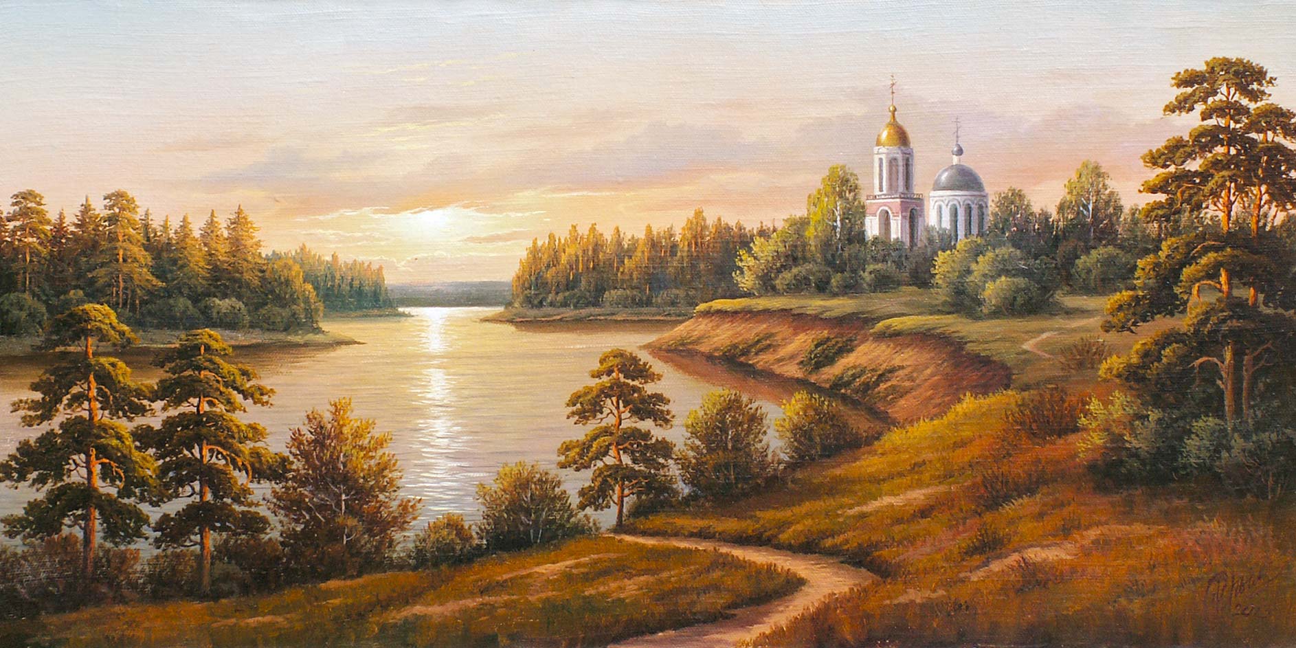Храм на реке. Пейзаж — картина маслом на холсте