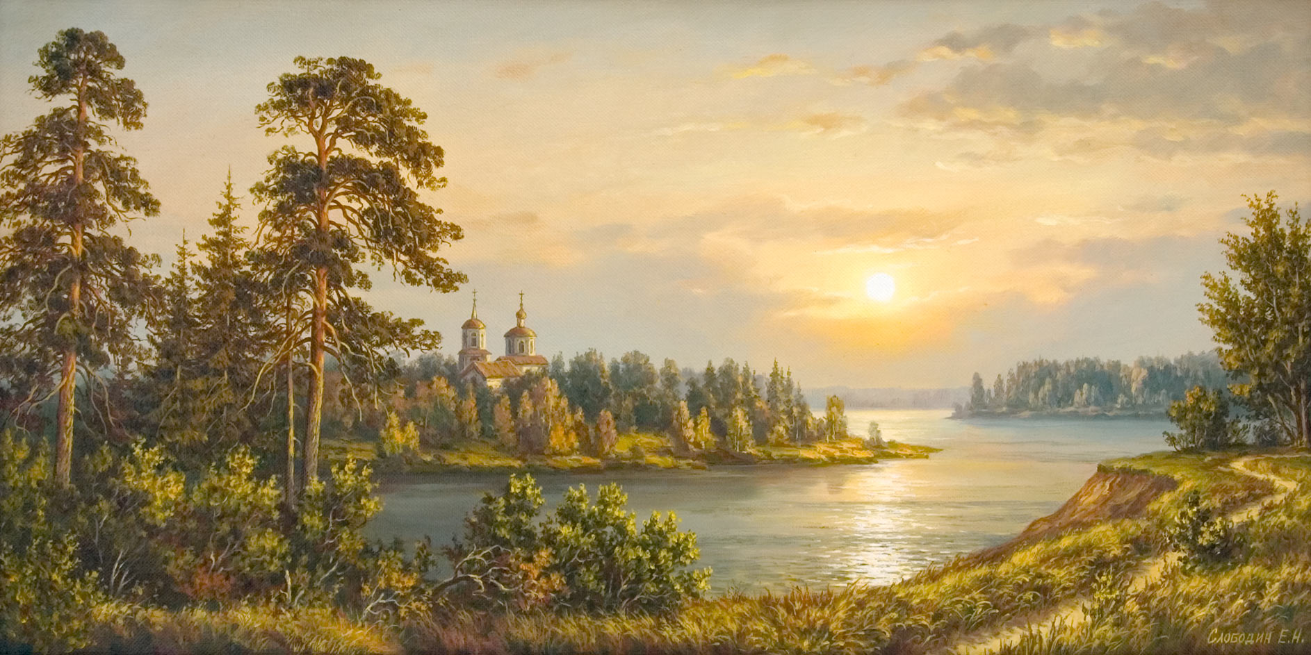 Церковь. Закат на реке — картина маслом на холсте