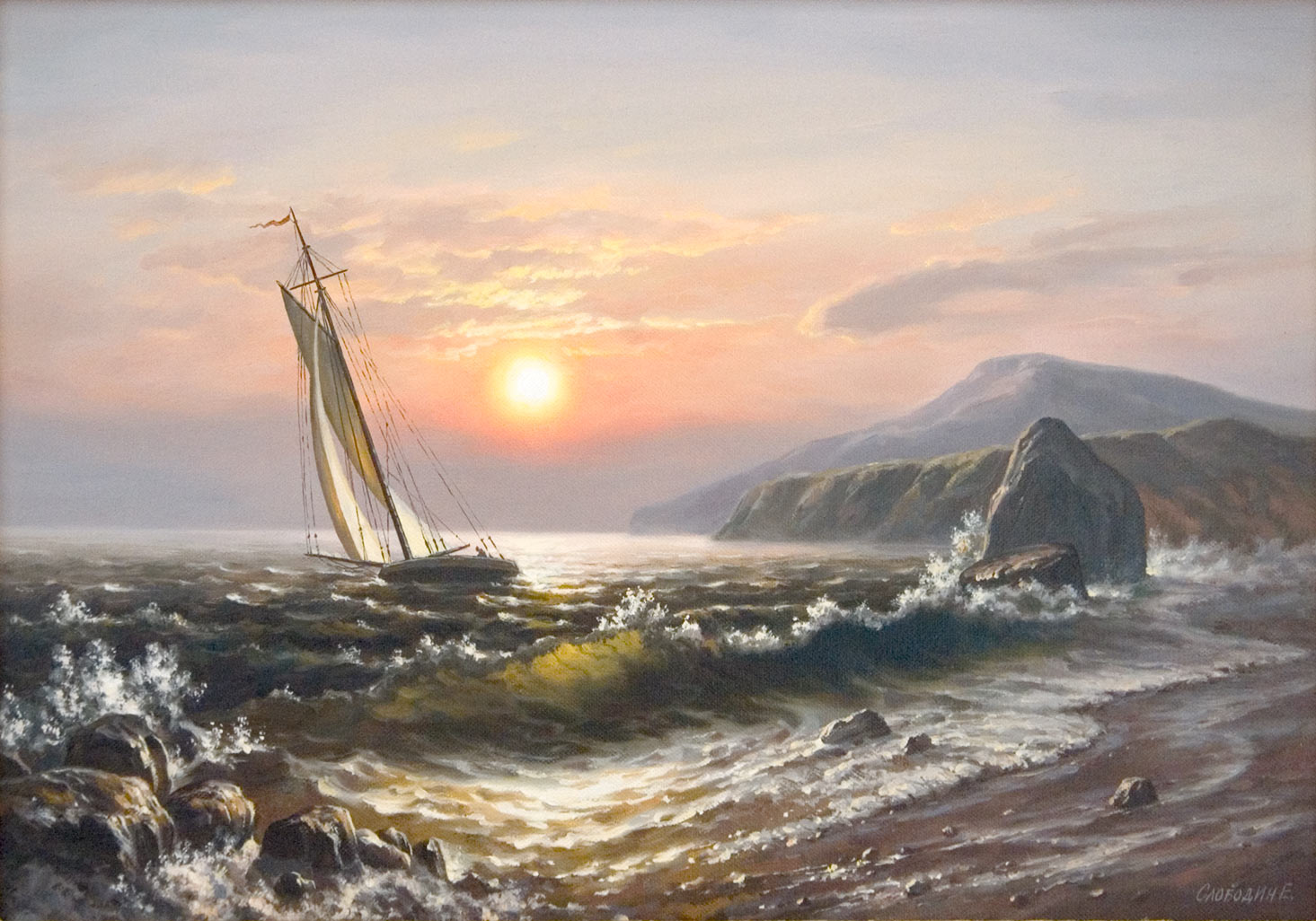 Пейзаж. Закат на море — картина маслом на холсте