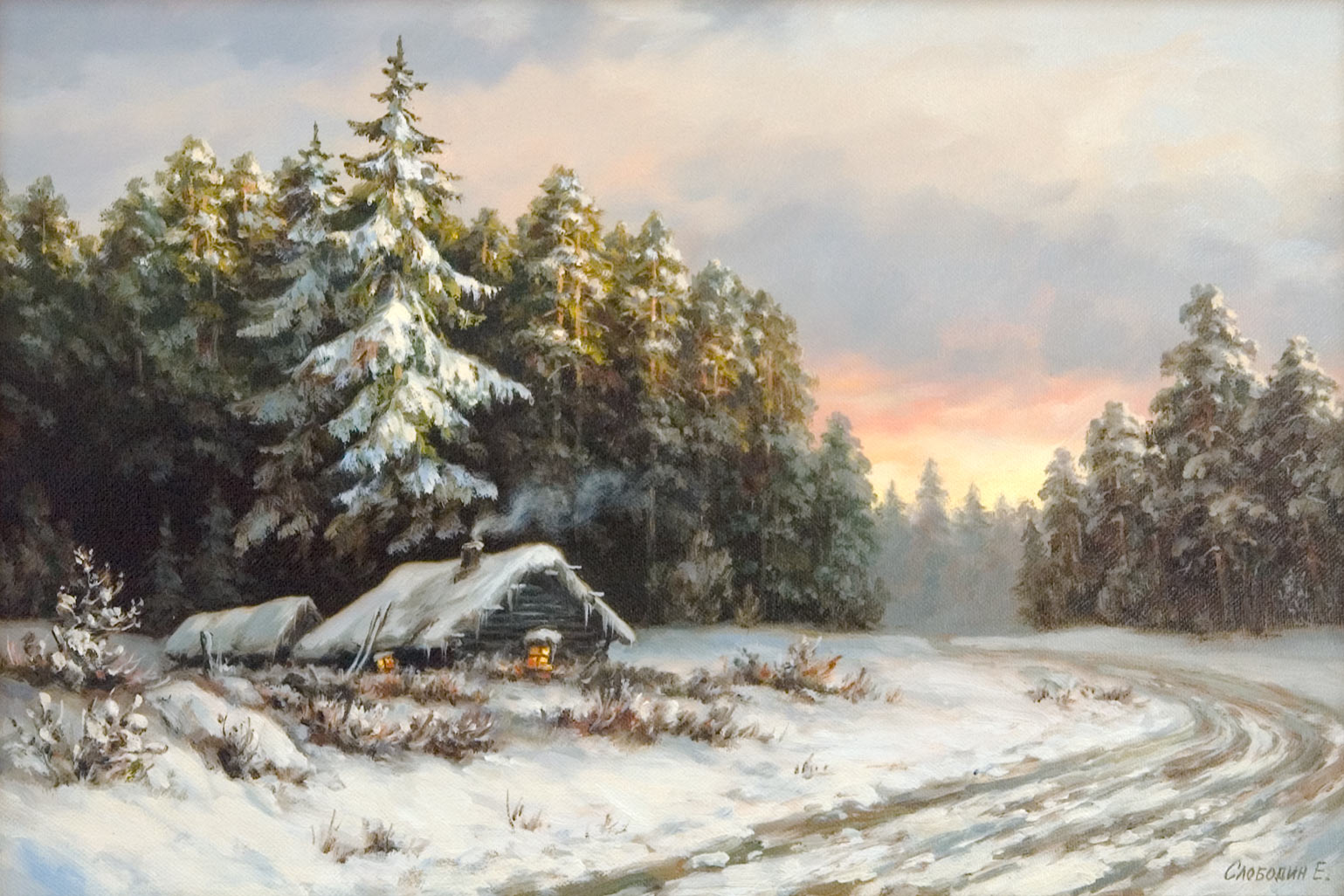 Лесной зимний пейзаж — картина маслом на холсте