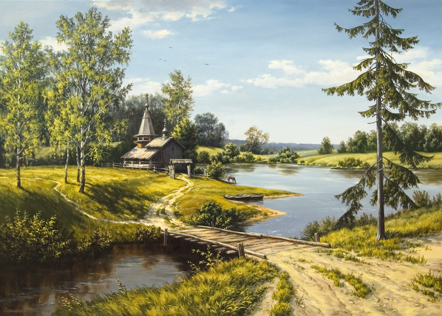 Сельский пейзаж с рекой — картина маслом на холсте