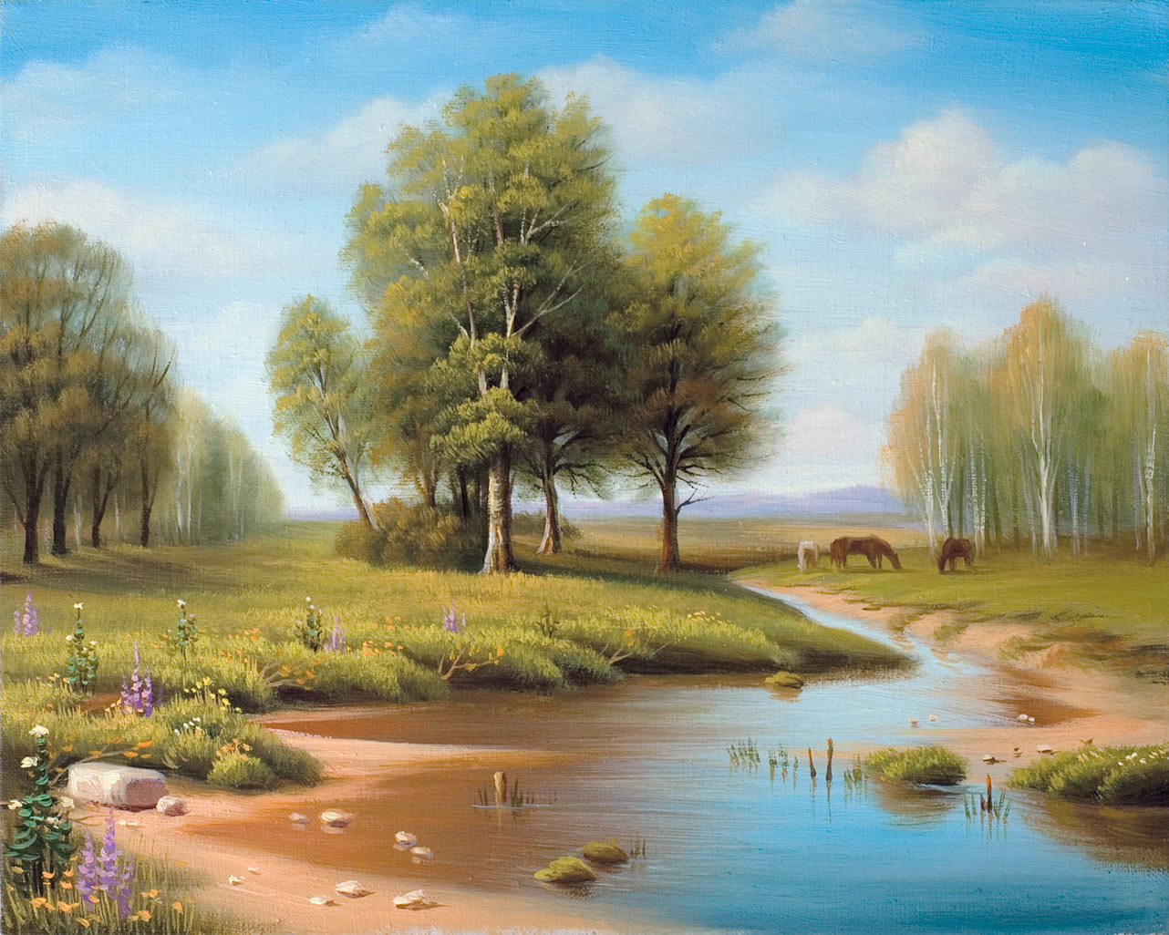 Летний пейзаж с речкой — картина маслом на холсте