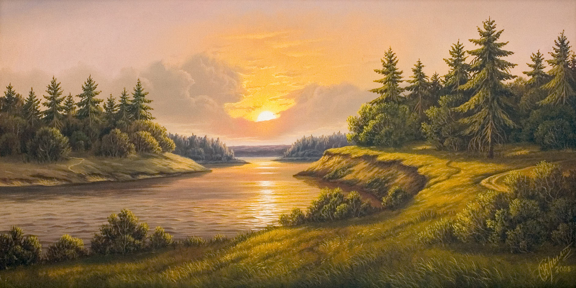 Закат на реке. Солнце — картина маслом на холсте