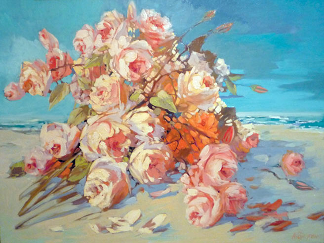 Розы на берегу моря — живопись маслом на холсте