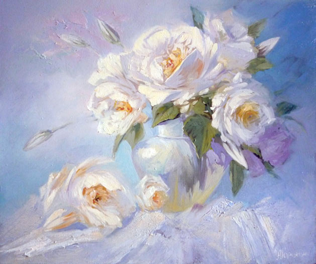 Букет белых роз — натюрморт маслом на холсте