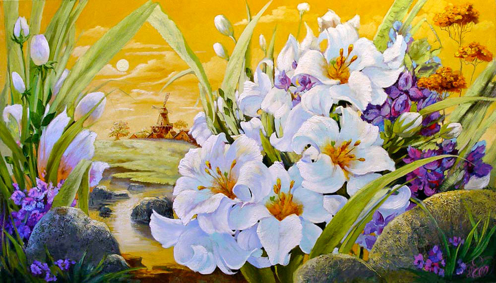 Цветущие лилии — фэнтези-картина маслом на холсте