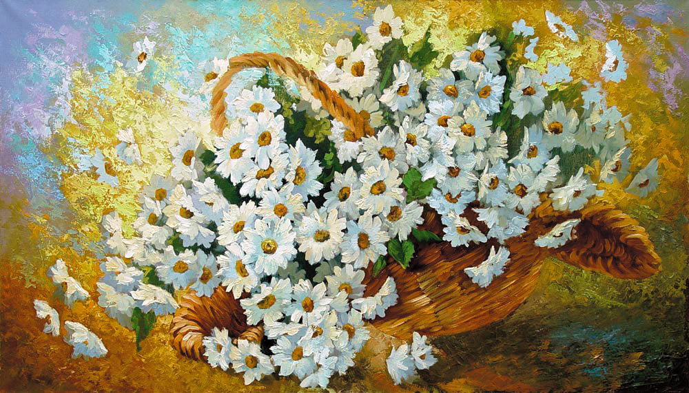 Букет цветов ромашки — картина маслом на холсте